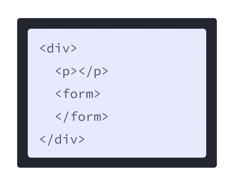 Giao diện HTML có nền màu tím và một div có hai thẻ con: p và form.